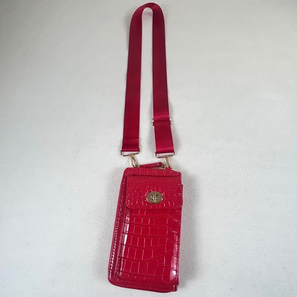 Joy Susan Handbags - Joy Susan Red Crocodile Embossed Crossbody Wallet Phone Bag Gold Hardware